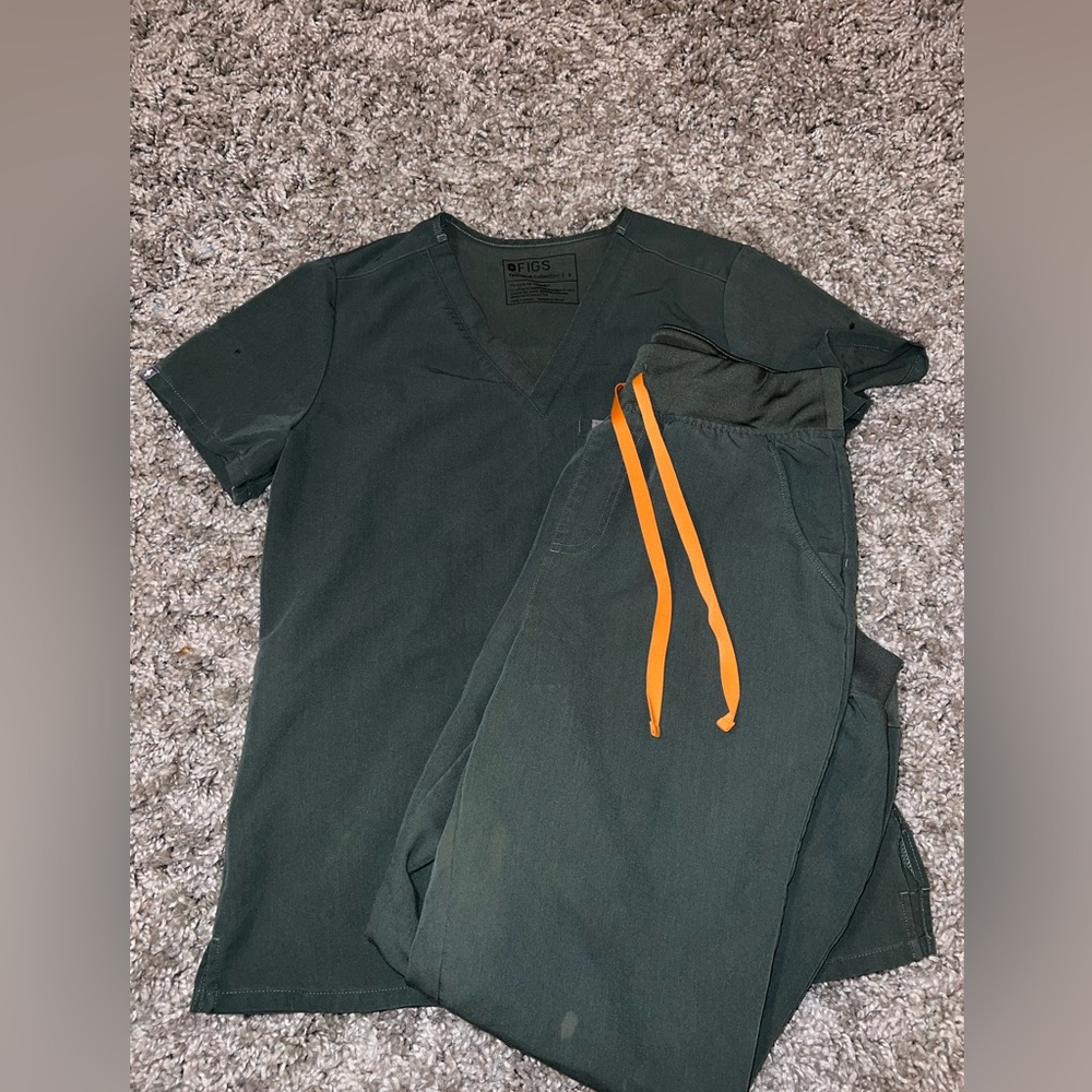 Figs Women's Dark Green Pants with Orange Drawstrings
